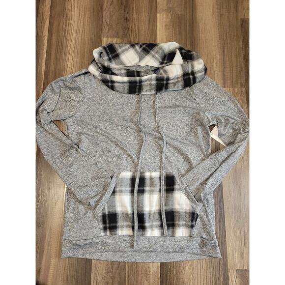 NWT Gray Black White Plaid Accent Cowl Neck Light Weight Top Size L - Picture 3 of 8
